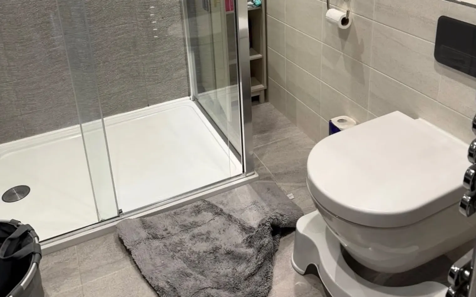 A bathroom before the clean, with a crumpled bath mat on the floor and a bucket by the shower